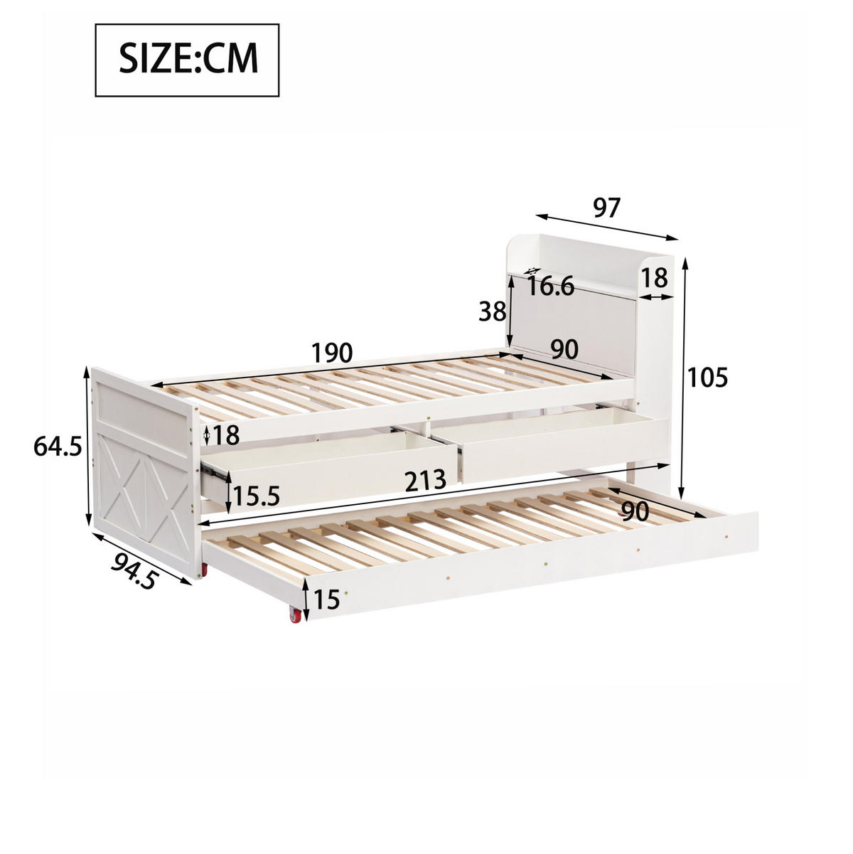 POSTEĽ z masívneho dreva 90/190 cm biela, s výsuvným lôžkom, zásuvkami a USB - biela, drevo (90/200cm) - BEAOK