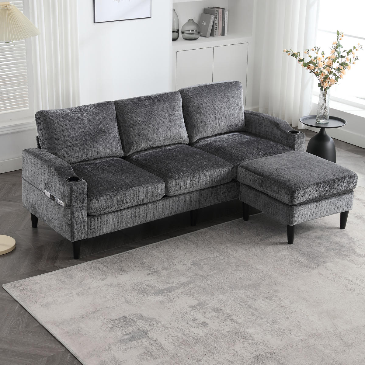 ECKSOFA 163/121/66 cm Grau mit 1 Aufbewahrungshocker, Aufbewahrungstasche und Getränkehalter - Grau, Textil (196.5/75cm) - Oxeza