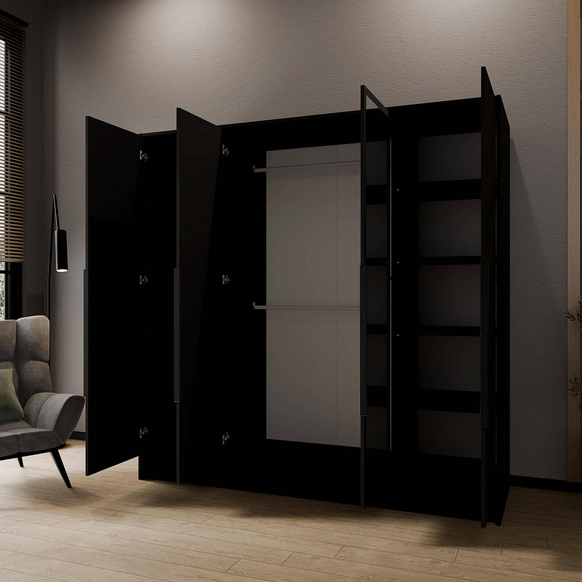 FLÜGELTÜRENSCHRANK LUSSO - Schwarz, Holzwerkstoff (200/200/51cm) - Meblini