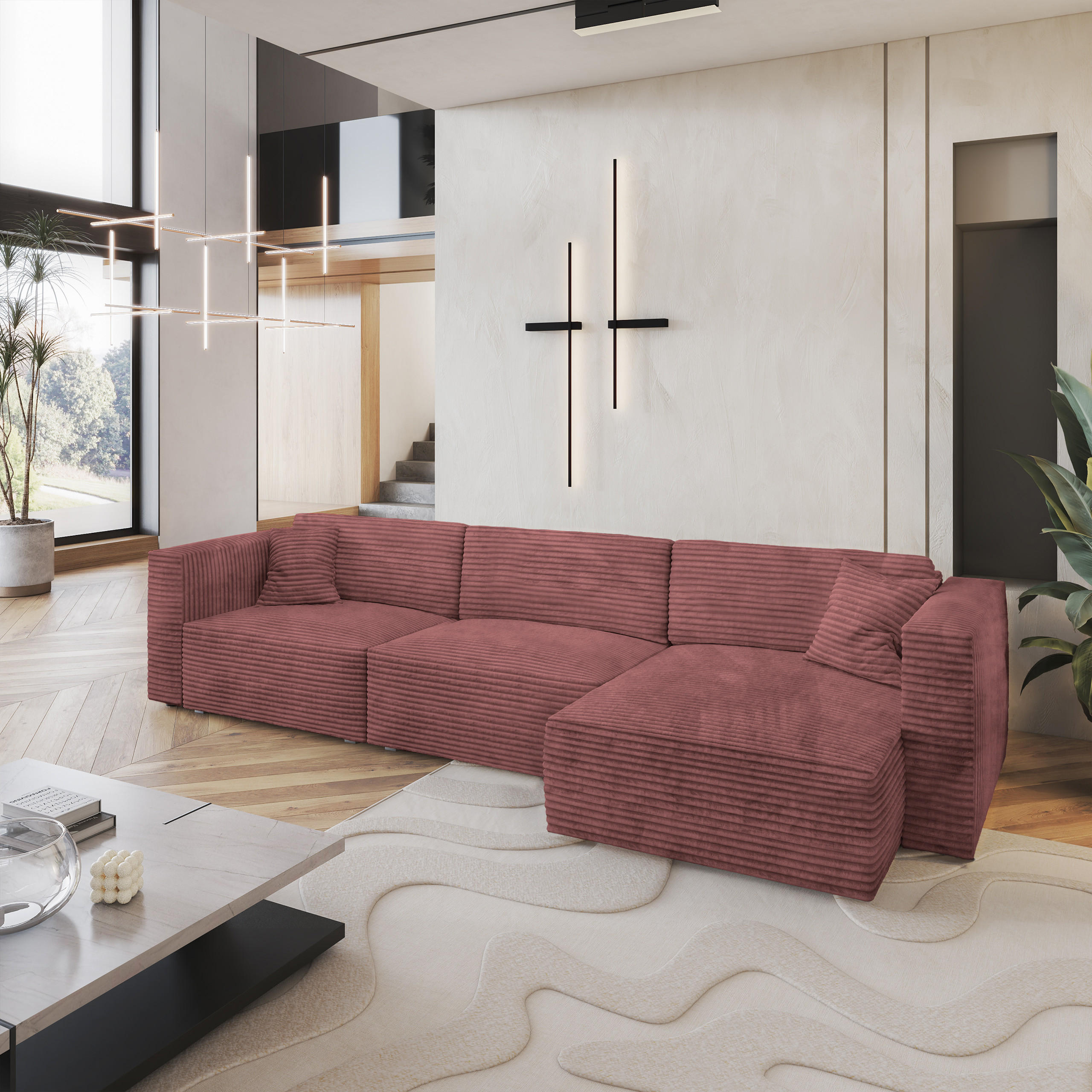 ECKSOFA TOLMO Rosa Kordstoff mit Schlaffunktion - Rosa, Holz (347/148cm) - MASSENO