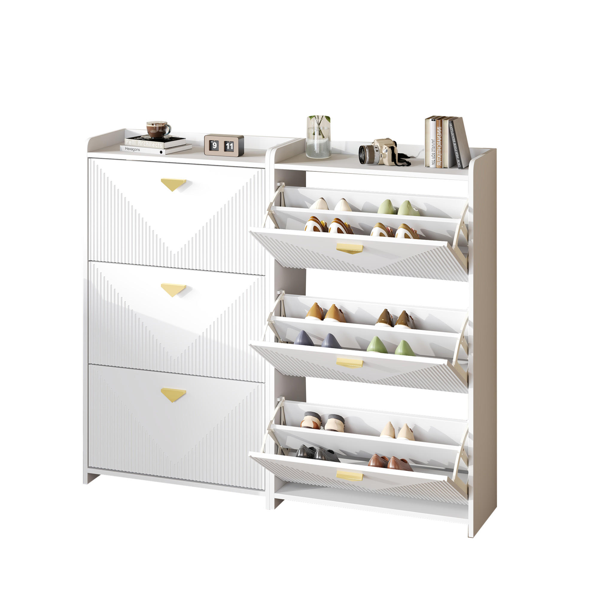 SCHUHSCHRANK aus MDF 140x30x120cm in Weiß mit 3 Klapptüren - Weiß, Holzwerkstoff (140/120/30cm) - Modfu