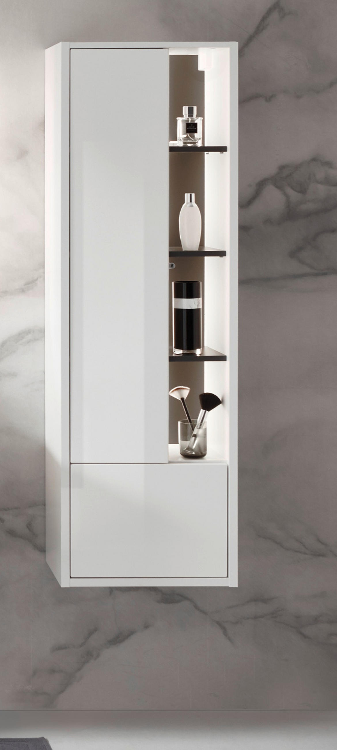 BADMÖBEL-SET 3-teilig weiß Hochglanz, grau, Badezimmerschränke mit LED Beleuchtung - Weiß Hochglanz/Grau, Glas/Holzwerkstoff (135/190/46cm) - Furn.Design