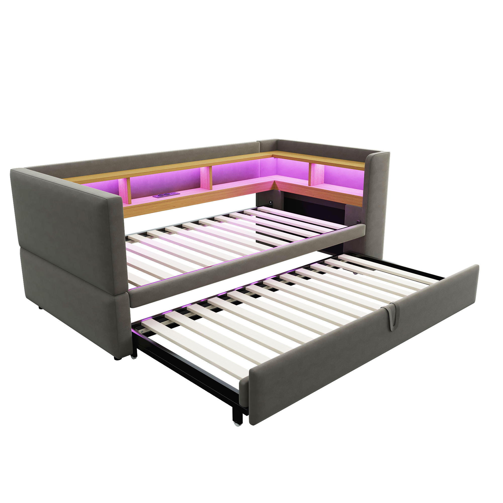 AUSZIEHBETT 90/180/190 cm DE-01990, in Dunkelgrau, mit LED, Steckdosen und Staufächern - Dunkelgrau, Metall (90/190cm) - ComfortXL