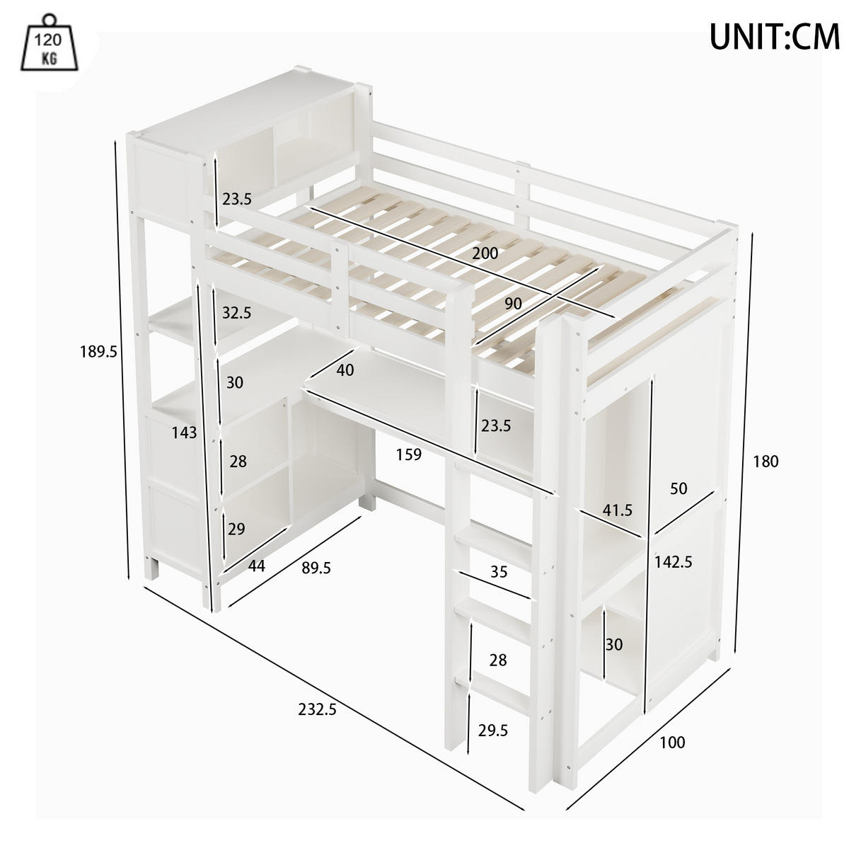 VYSOKÁ posteľ 90/200 cm biela/prírodná z borovice a MDF s písacím stolom policami a šatníkom - biela, kompozitné drevo (90/200cm) - OKWISH