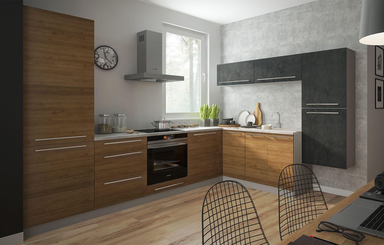 L-FORM KÜCHENZEILE Malmo (11-tlg) Grau / Pembroke / Ares Black 304,5 / 246,8 / 207cm Blum Teilauszug - Eichefarben/Grau, Holzwerkstoff/Metall (304.5/207/246.8cm) - Feldmann-Wohnen