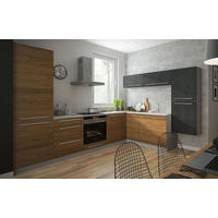 L-FORM KÜCHENZEILE Malmo (11-tlg) Grau / Pembroke / Ares Black 304,5 / 246,8 / 207cm Blum Teilauszug - Eichefarben/Grau, Holzwerkstoff/Metall (304.5/207/246.8cm) - Feldmann-Wohnen