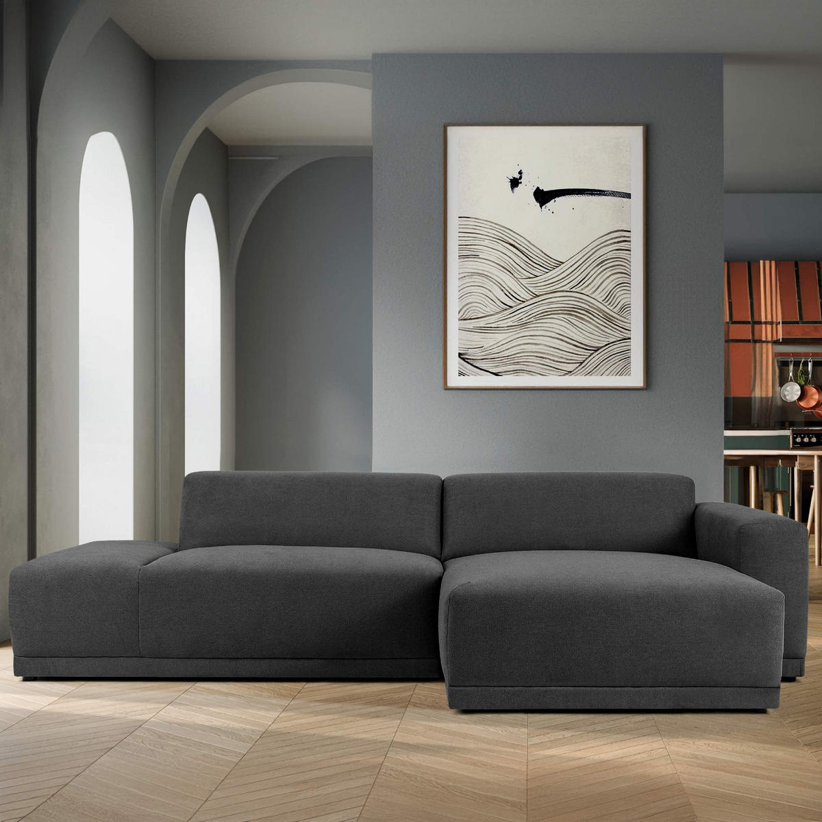 ECKSOFA RECHTS MUDI in moderner Optik mit hochwertigem Kaltschaum, Cord-Stoff, Dunkelgrau - Dunkelgrau/Schwarz, Textil (280/160cm) - KONSIMO®