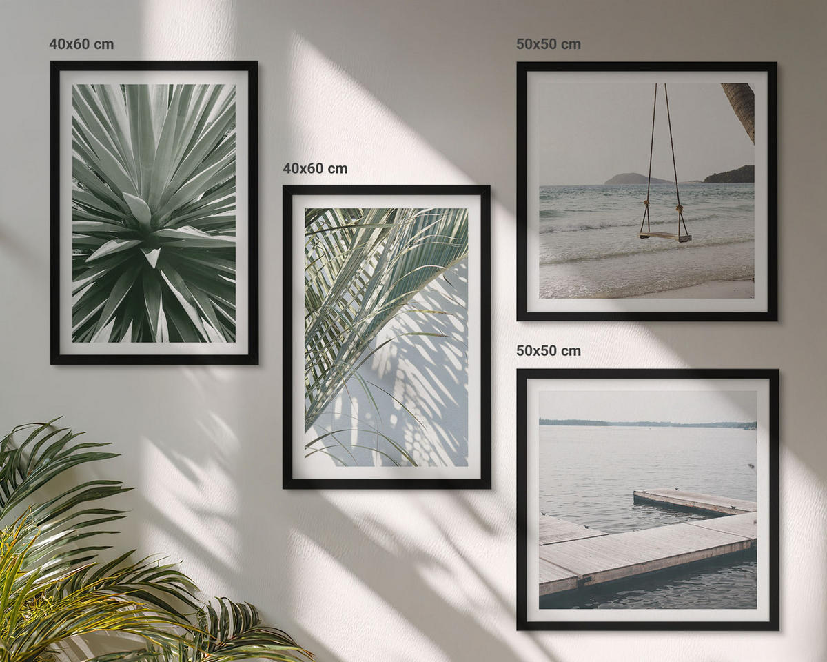 WANDBILDER 4er-Set - 50x50 cm & 40x60 cm Schwarzer Rahmen - Hängebrücke aus Palmenblättern - Schwarz, Kunststoff (50/50cm) - ArtPrintCave