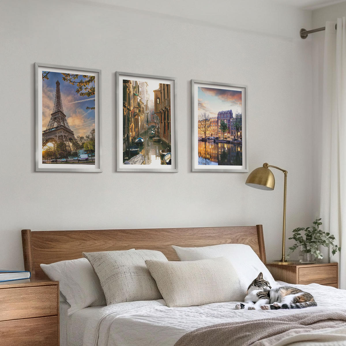 WANDBILDER 3er Set - 40x60 cm Silberner Rahmen - Eiffelturm Venedig Amsterdamer Kanäle - Silberfarben, Kunststoff (40/60cm) - ArtPrintCave