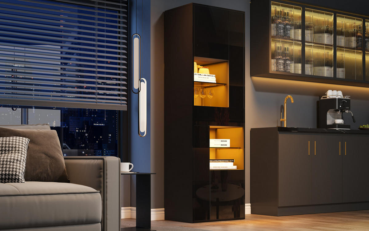 VITRINE 55/38/170 cm aus Spanplatte mit LED-Beleuchtung und Hochglanzfront Schwarz - Schwarz, Holzwerkstoff (55/170/38cm) - Modenvie
