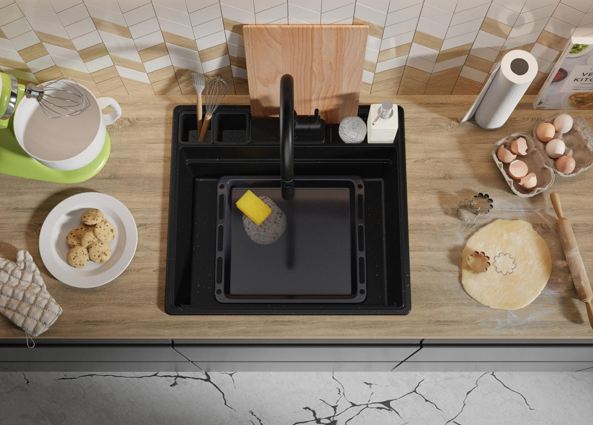 SPÜLBECKEN New York, 2-er set Schwarz Metallic 58/53 cm 1 Becken + Ablauf-Set + Küchenzubehörset ab 60er Unterschrank - Chromfarben/Schwarz Hochglanz, Kunststoff (58/20/53cm) - Primagran