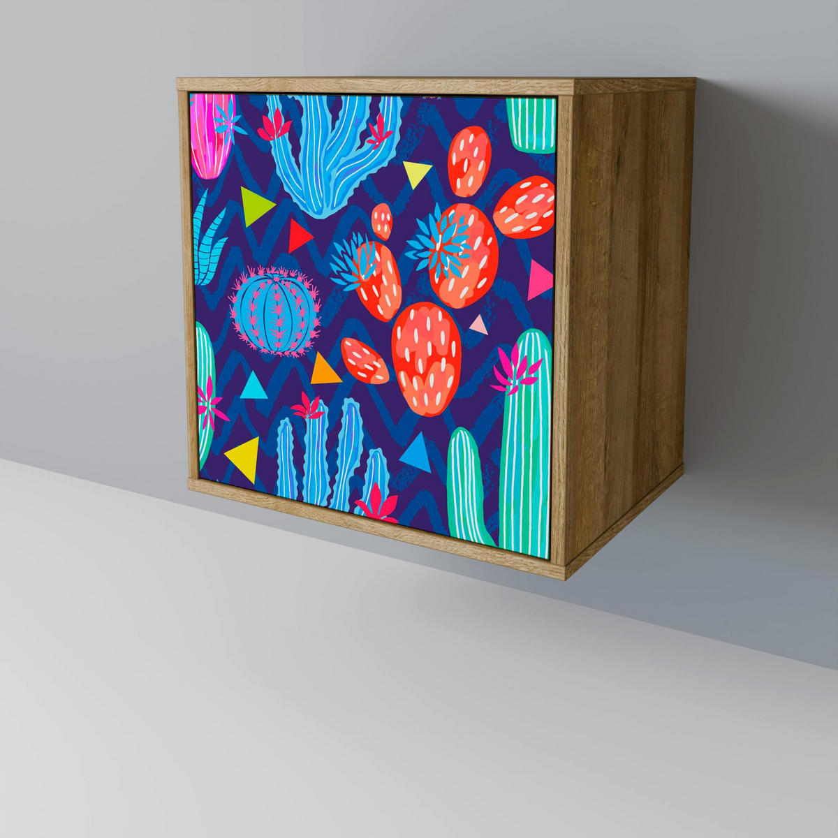 SIDEBOARD CACTUS VIBES, Eichefarben, 57,5x42x67,5 cm, Schwarze Metall-Rahmenfüße - Eichefarben/Multicolor, Holzwerkstoff/Metall (57.5/67.5/42cm) - SpaceRebels
