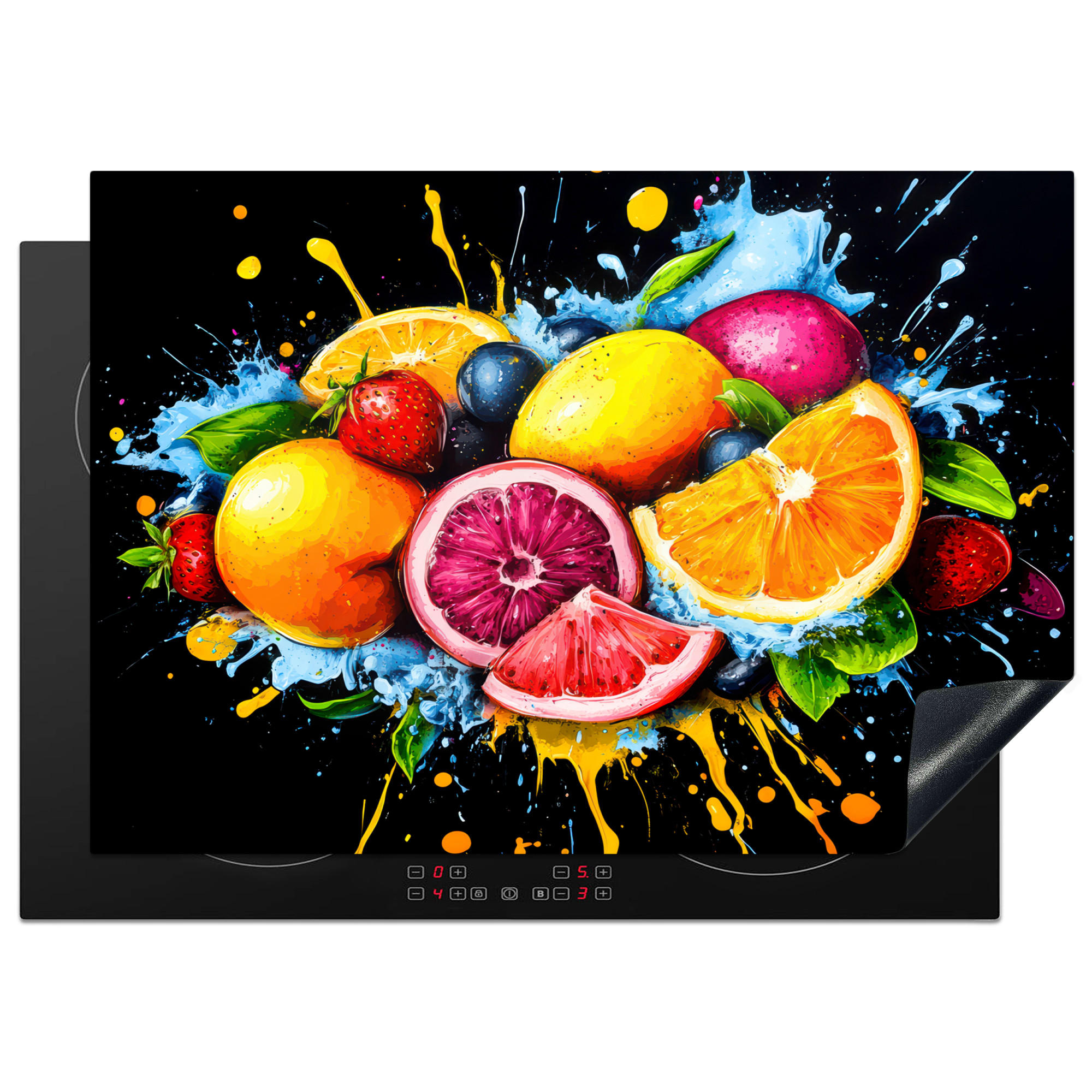 MuchoWow KRYT NA INDUKČNÍ DESKU Ovoce - graffiti - barevné - pomeranč - jahoda - abstraktní 75x52 cm