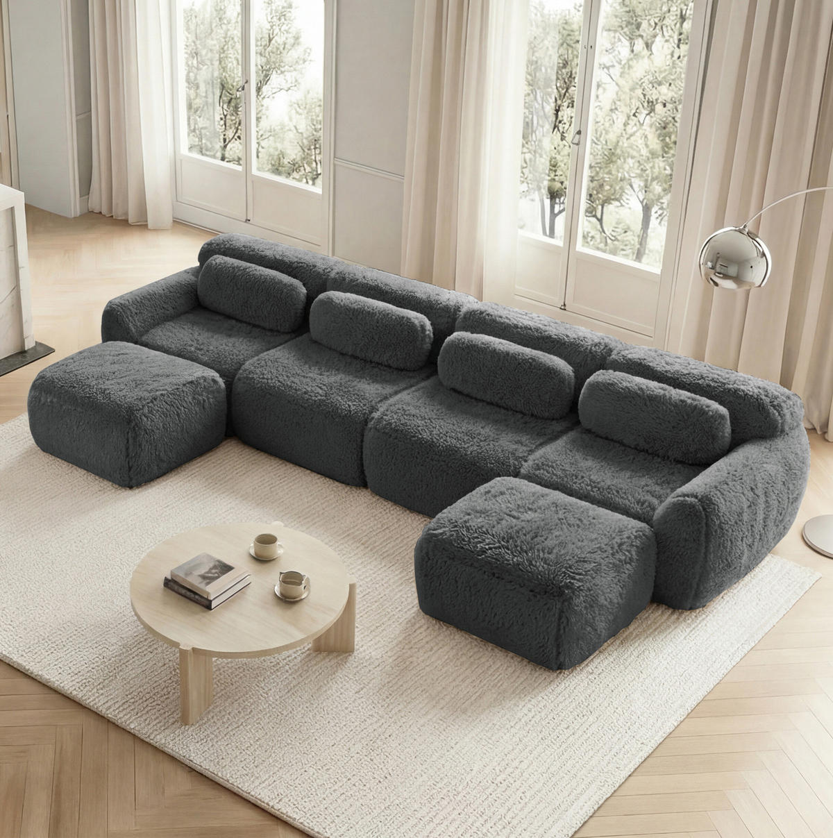 SOFA modular U-/L-Form Plüsch Grau - Grau, Kunststoff (179/73/378.1cm) - Meubliv