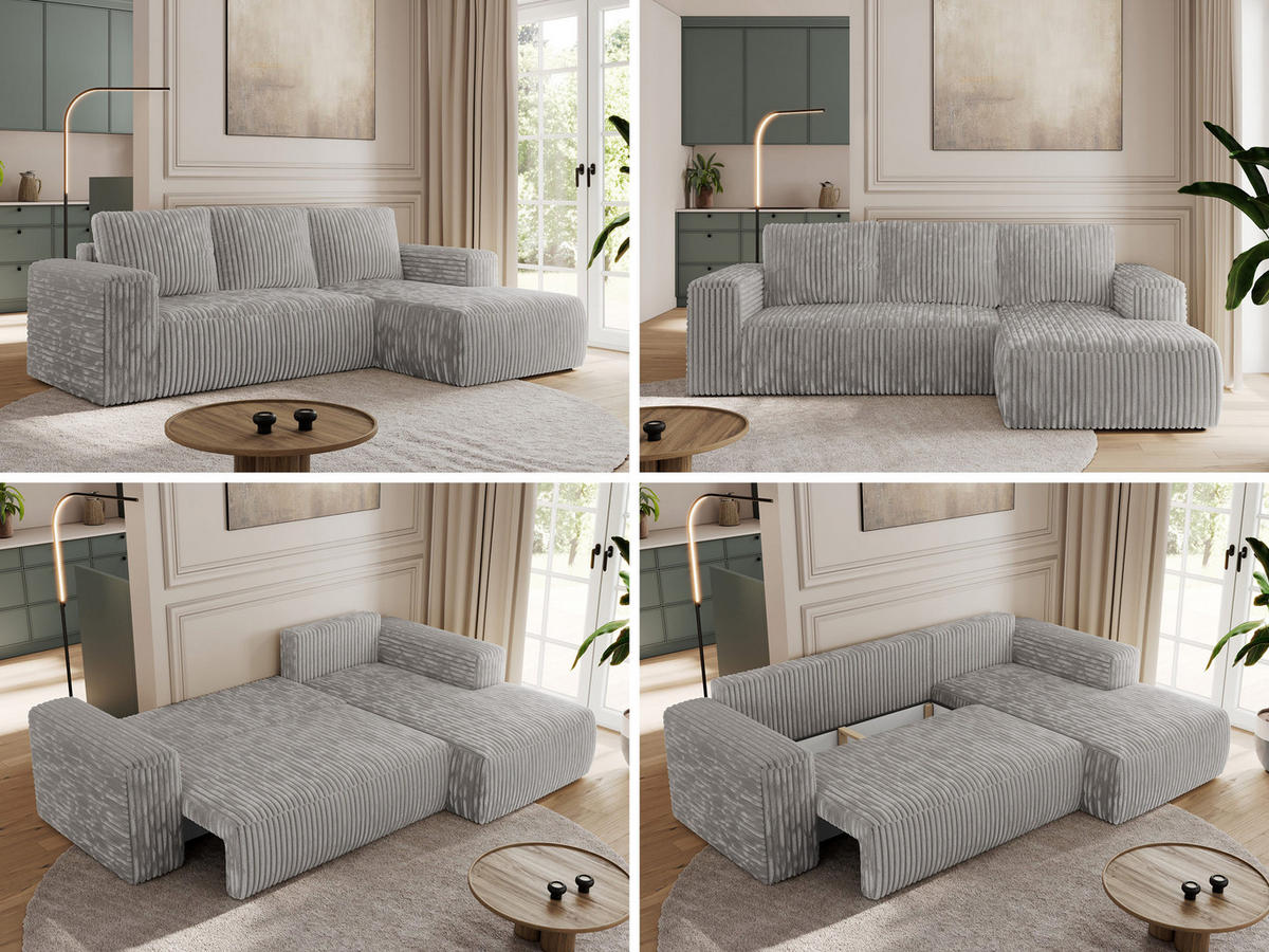 ECKSOFA TRENTINO L Hellgrau Cord - Rechts - Hellgrau/Schwarz, Textil (164/266cm) - MKS