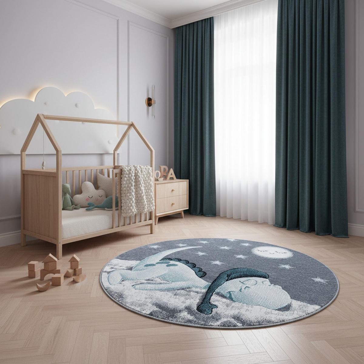 SPIELTEPPICH Dino Kindgerecht Waschbar Kinderzimmer Schadstoffgeprüft Rund Blau 120x120 cm – NOLA - Blau, Textil (120/120cm) - KADIMA DESIGN