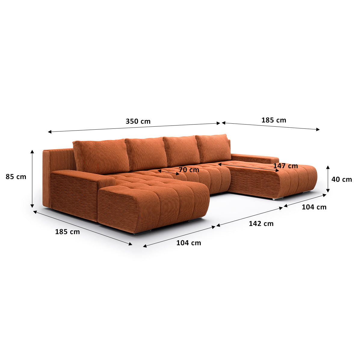 PANORAMASOFA Jonas 5 Sitzplätze Ziegelorange - Orange, Holz (350/85/185cm) - Petits-meubles