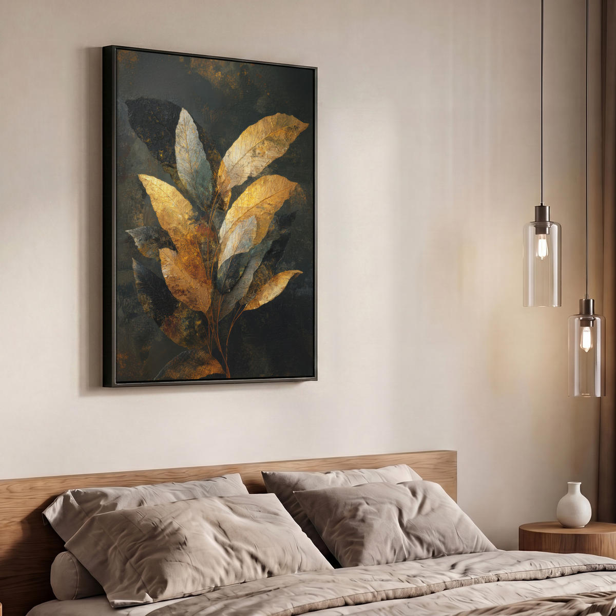 LEINWAND Bilder mit Rahmen - Golden Leaf Komposition - Botanical Luxury - 70x100 - Goldfarben, Textil (70/100cm) - MuchoWow