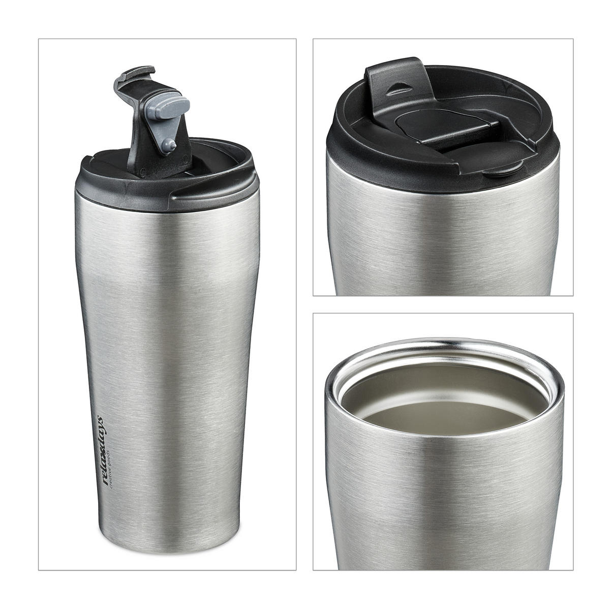 THERMOBECHER - Silberfarben, Kunststoff/Metall (0.4L) - Relaxdays