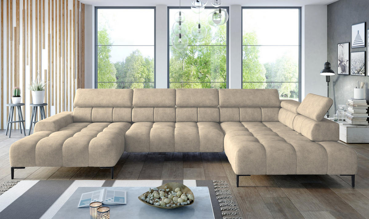 ECKSOFA PLAZA XL U-förmig, modern, mit verstellbarer Kopfstütze, Schlafmöglichkeiten, freistehend, RECHTS 385x177x99 cm Cream - Creme, Holz/Textil (385/177cm) - DomoHome