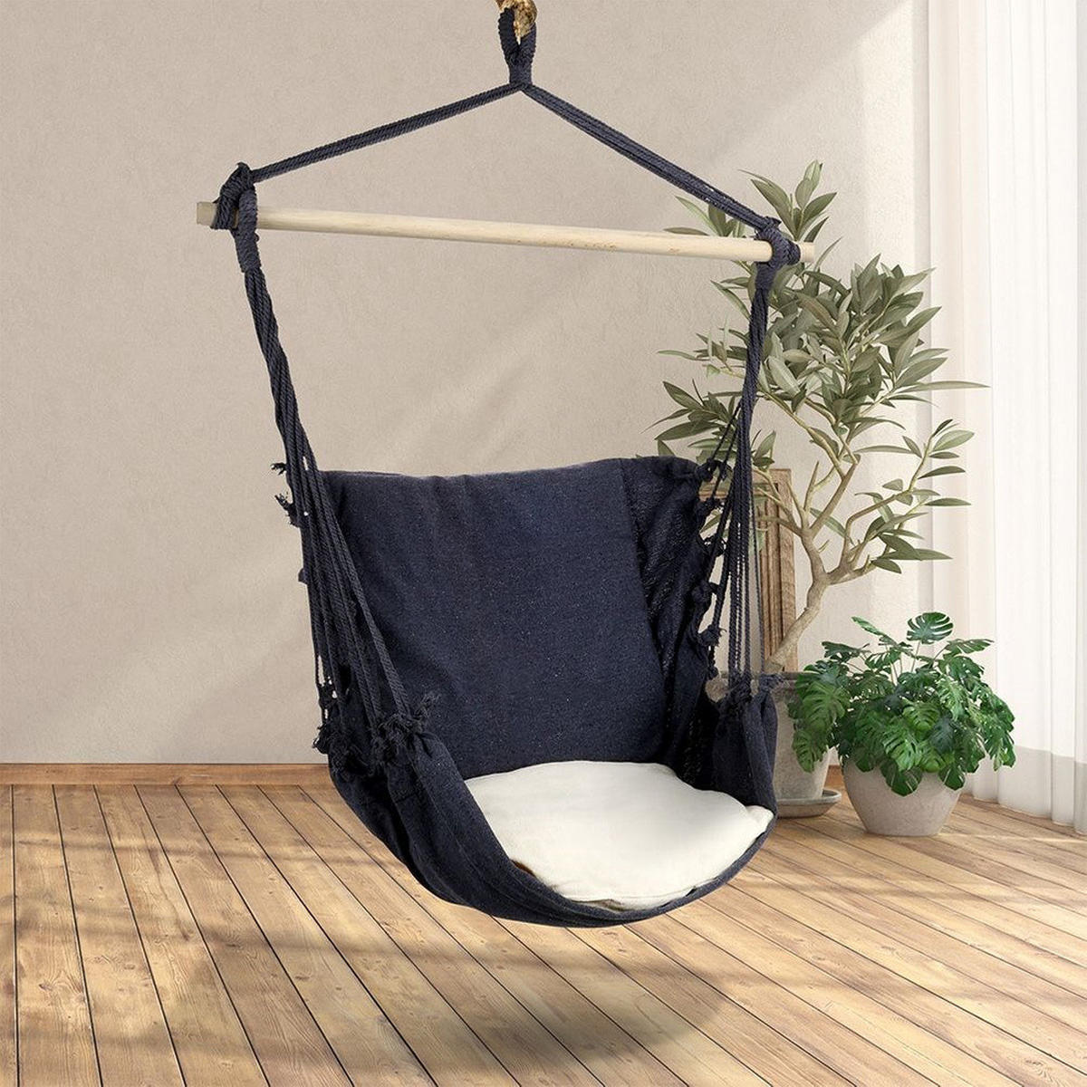 HÄNGESESSEL inkl. Kissen 90 cm Holzstab Dunkelgrau - Dunkelgrau, Textil (90/130/100cm) - ProGarden