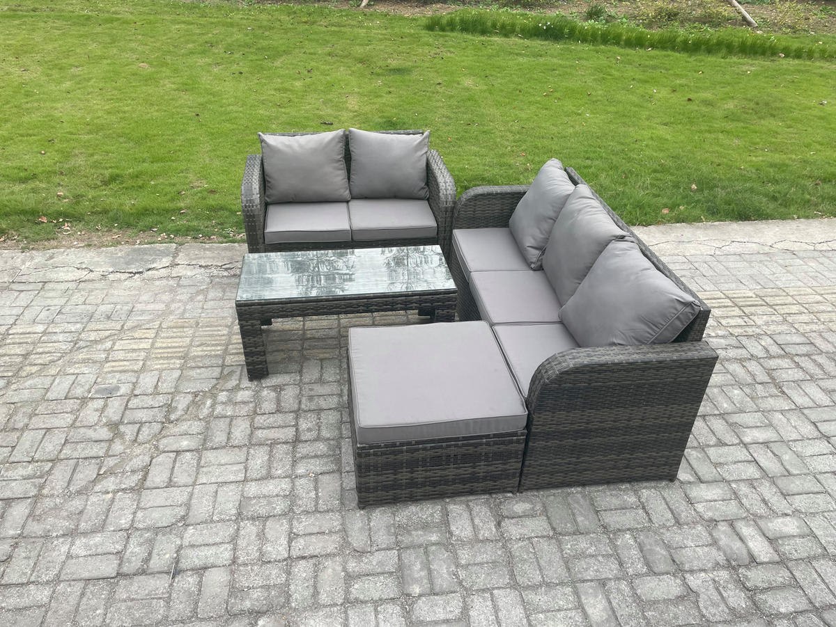 GARTENSOFA SET mit COUCHTISCH HOCKER Polyrattan 6-Sitzer - Dunkelgrau/Grau, Glas/Kunststoff - Fimous