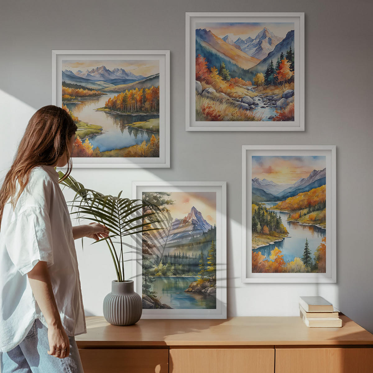 WANDBILDER 4er-Set - 50x50 cm & 40x60 cm Weißer Rahmen - Berglandschaften mit einem Fluss - Weiß, Kunststoff (50/50cm) - ArtPrintCave
