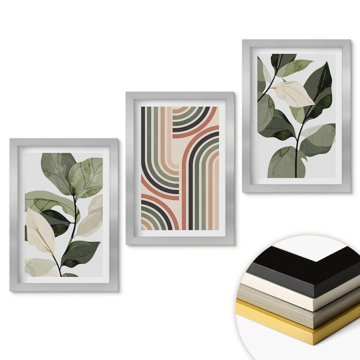 WANDBILDER 3er Set - 20x30 cm Silberner Rahmen - Geometrische Pflanzenmotive - Silberfarben, Kunststoff (20/30cm) - ArtPrintCave