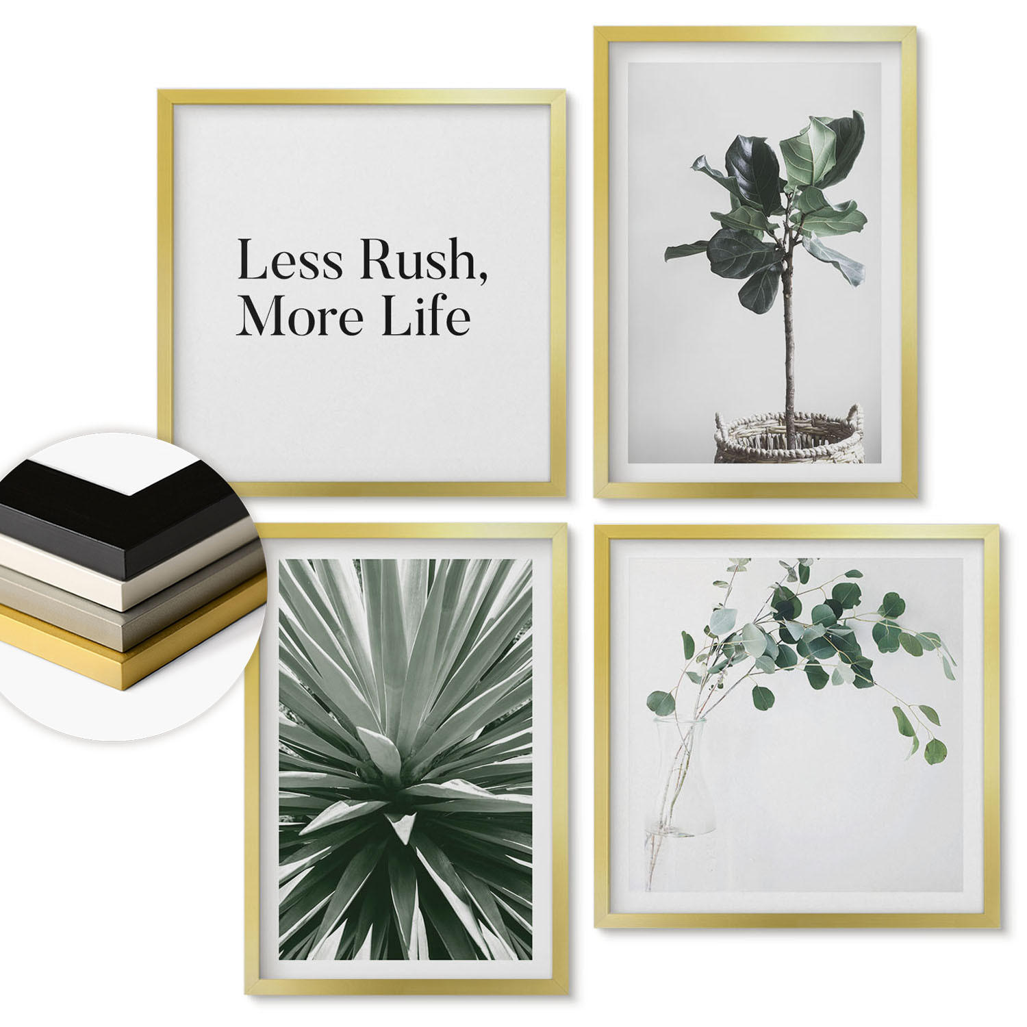 WANDBILDER 4er Set - 50x50 cm & 40x60 cm Goldrahmen - Minimalismus mit grünen Pflanzen - Goldfarben, Kunststoff (50/50cm) - ArtPrintCave