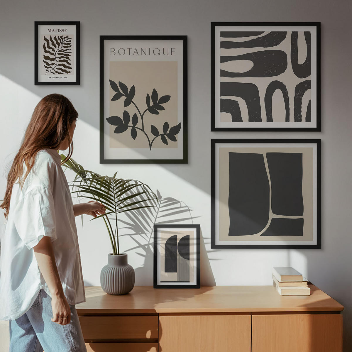 BILDER SET 5er Set - 50x50 cm & 20x30 cm & 40x60 cm Schwarzer Rahmen - Minimalistische Pflanzenposter - Schwarz, Kunststoff (40/60cm) - TULUP