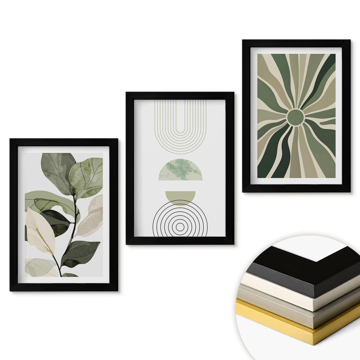 WANDBILDER 3er-Set - 20x30 cm Schwarzer Rahmen - Pflanzenmotive, Geometrie, Grün - Schwarz, Kunststoff (20/30cm) - ArtPrintCave