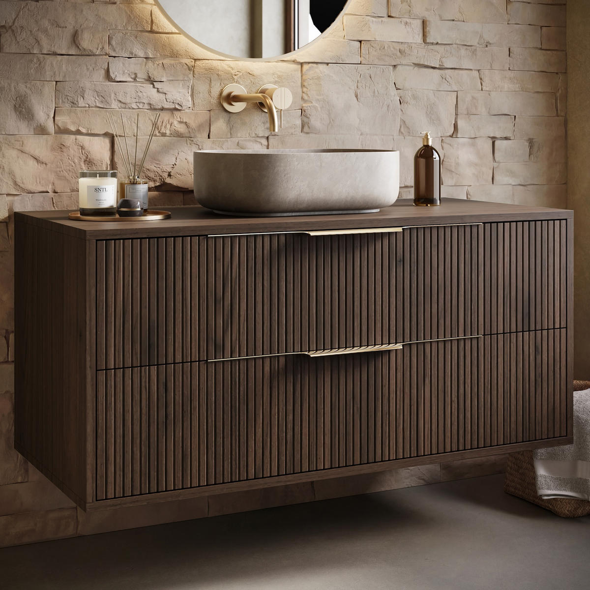 BADMÖBEL-SET Rimini 2 Teile Walnuss Braun - 100 x 46 x 46 cm - Eichefarben, Holz (100/46/46cm) - Badplaats
