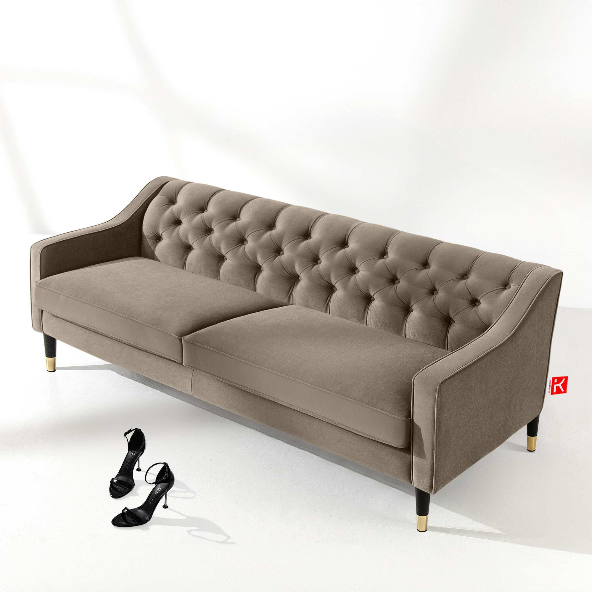 3-SITZER-SOFA NOMUS Velours, gesteppt, Beige - Wengefarben/Beige, Holz/Holzwerkstoff (192/78/80cm) - KONSIMO®