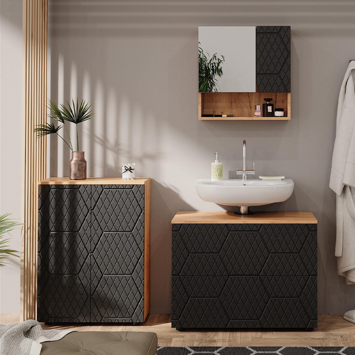 BADSPIEGELSCHRANK Irma Goldkraft Eiche 54 x 55 cm - Anthrazit, Holzwerkstoff (54/55/16.9cm) - Vicco