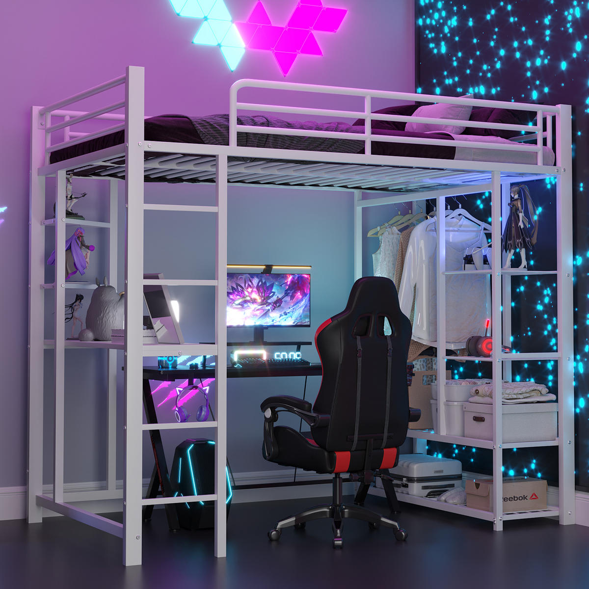 HOCHBETT 90/200 cm aus Metall mit Schreibtisch und Kleiderstange Weiß - Weiß, Metall (90/200cm) - Modenvie