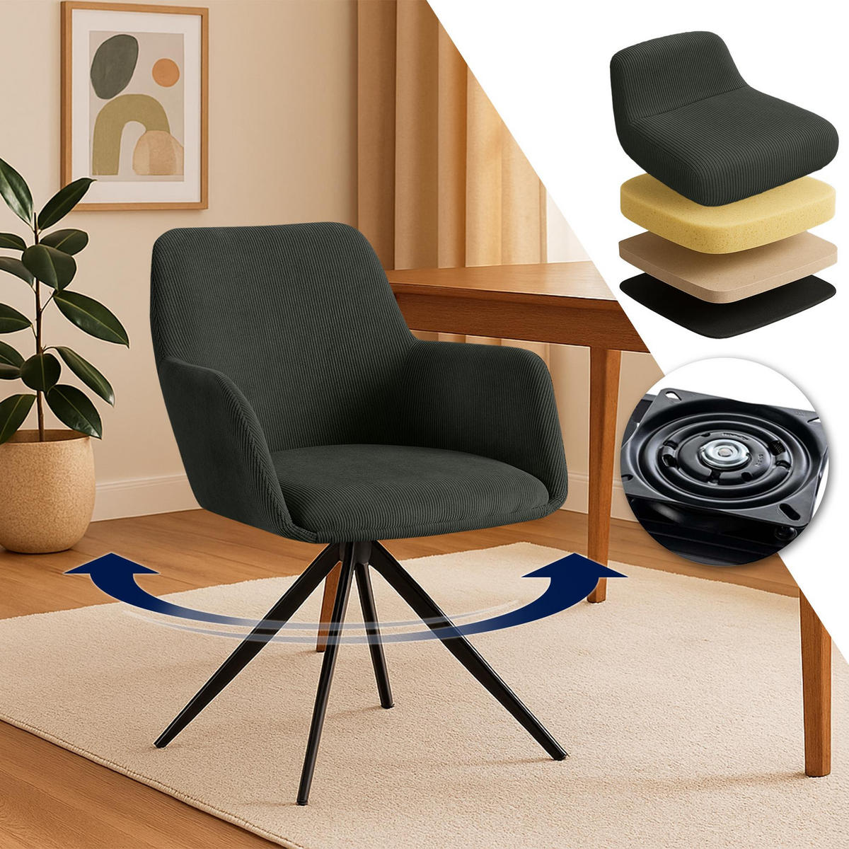 ESSZIMMERSTUHL Cord Grün - Schwarz/Grün, Textil/Metall (56/81/62cm) - CLP