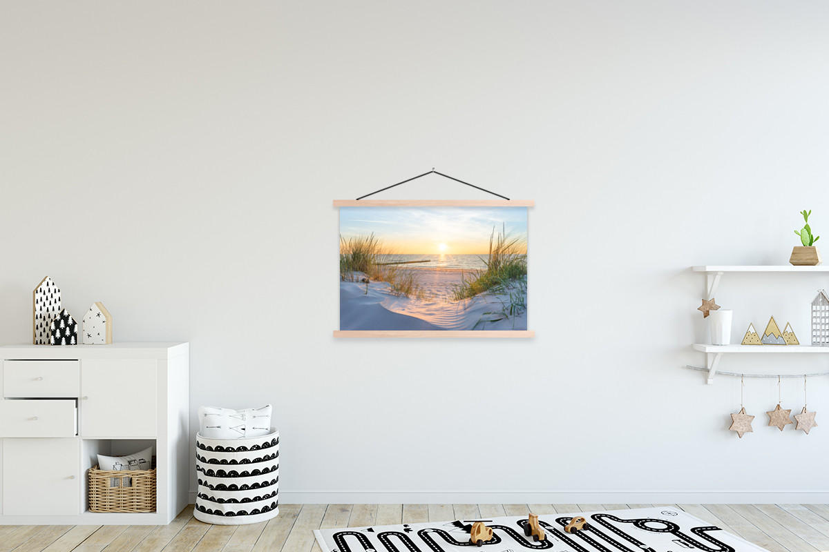 POSTER Strand - Sonne - Düne - Gras - Sand - Horizont 90x60 cm - Hellblau, Textil (90/60/0.15cm) - MuchoWow