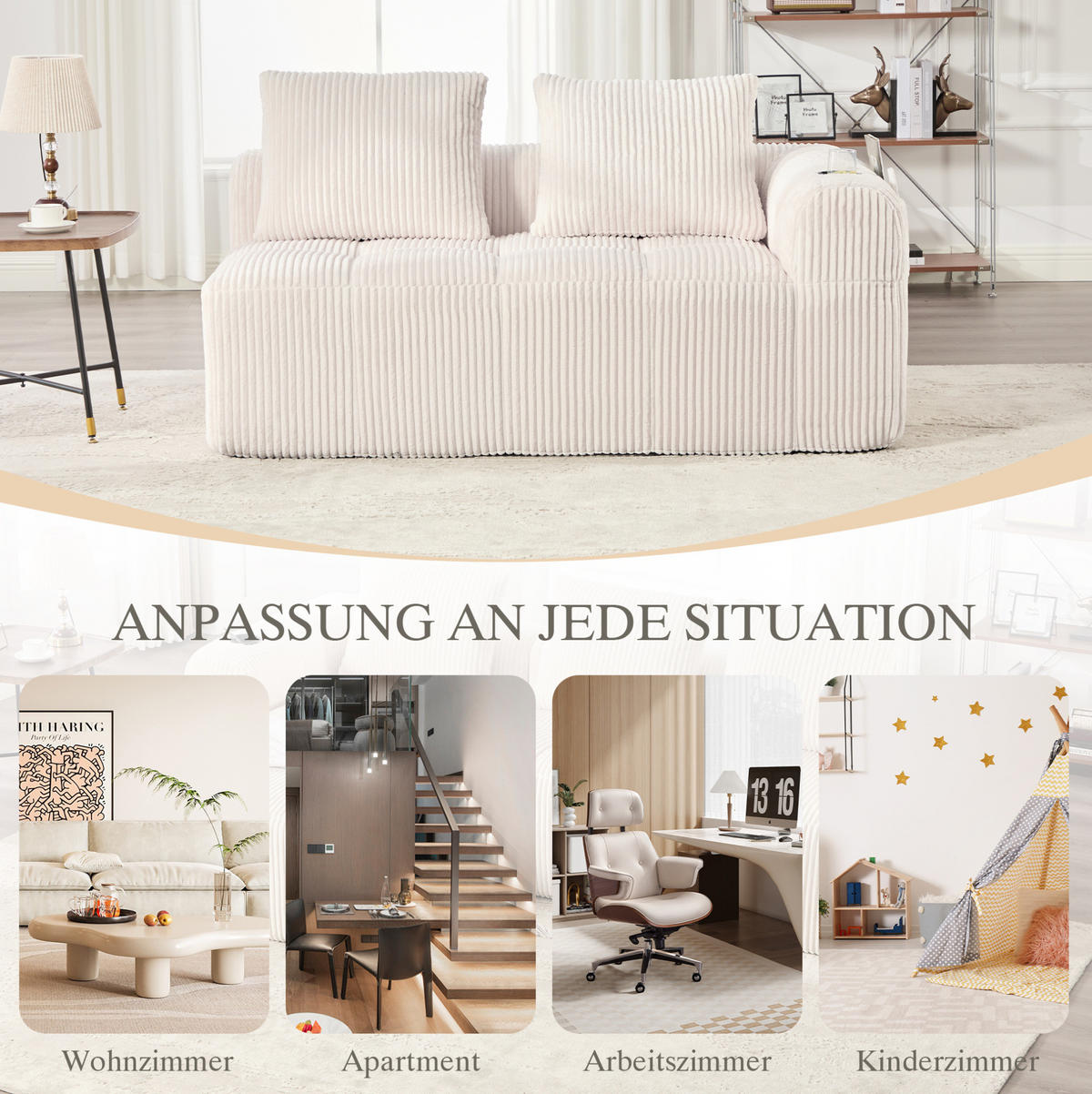 2-SITZER Sofa Cord mit Seitenfächern und Becherhaltern 158/93/61 cm Beige - Beige, Textil (93/61/158cm) - Redom