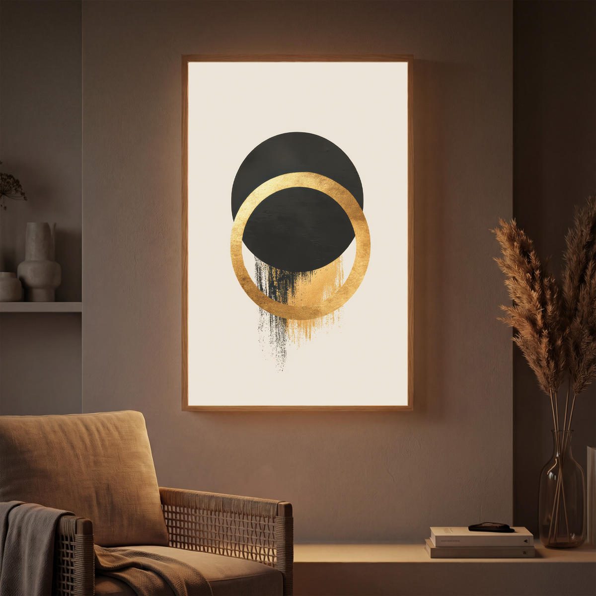 WANDLEUCHTE MIT AKKU Abstraktes Design - Schwarzer Kreis - Farbflecken 70x100 cm - Creme, Holzwerkstoff (70/100/8cm) - OnlyWow