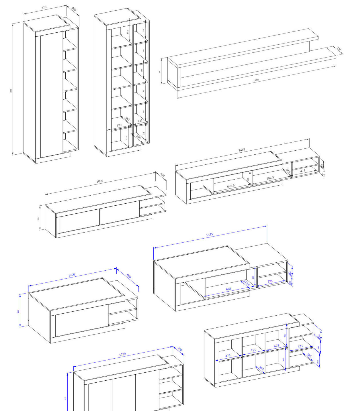 WOHNZIMMER-SET Saragossa 5-teilig weiß Hochglanz / Samdal Eiche - Weiß Hochglanz/Braun, Holz/Holzwerkstoff (227/60/200cm) - Feldmann-Wohnen