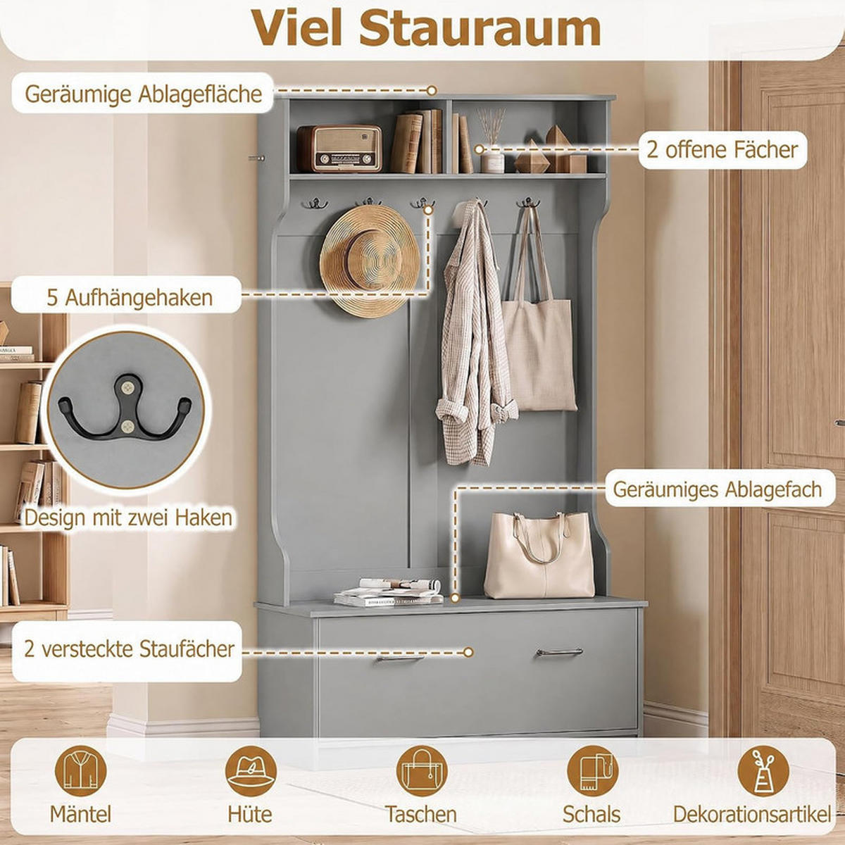 GARDEROBENSTÄNDER mit Schuhschrank grau - Grau, Holzwerkstoff (100/180/71cm) - COSTWAY
