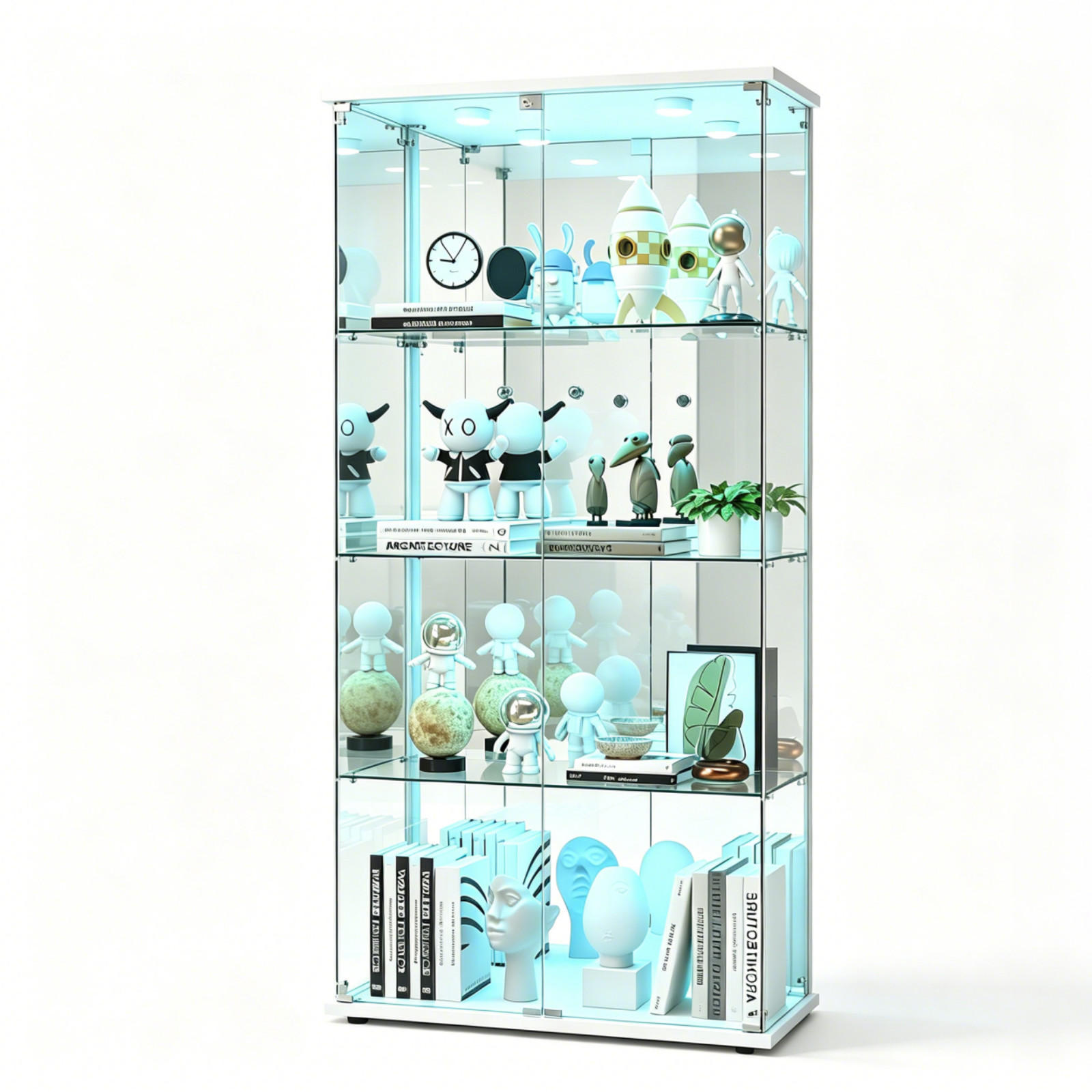 GLASVITRINE LED Vitrinenschrank Weiß mit 2 Tür 4 Etagen mit Schloss und Spiegeleffekt - Weiß, Glas (36.49/163.9/80.49cm) - BPKADHY
