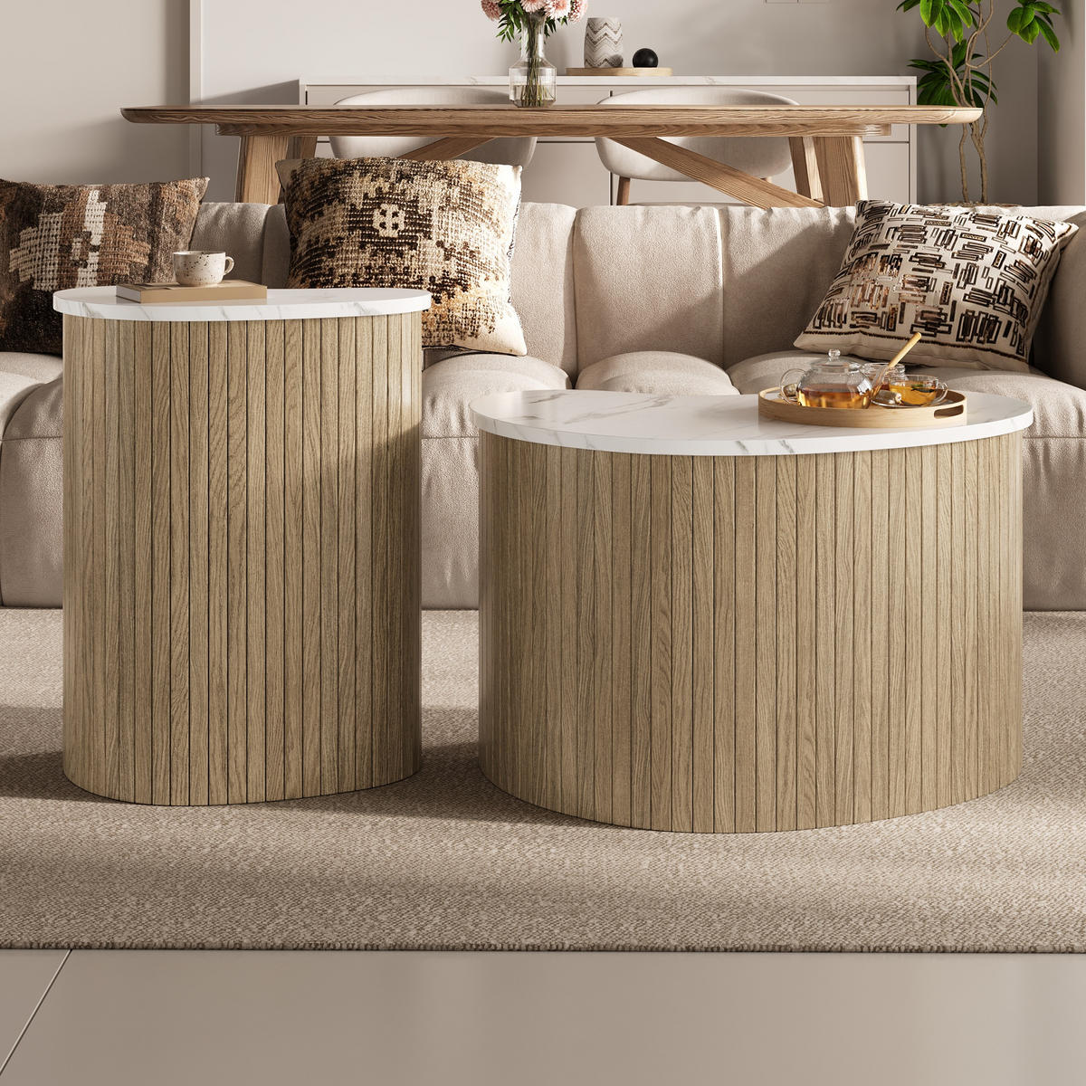 COUCHTISCH-SET 2-teilig 60/37/38 cm Natur Weiß aus MDF mit Marmor- und Holzoptik - Naturfarben, Holzwerkstoff (60/37/38cm) - OKWISH