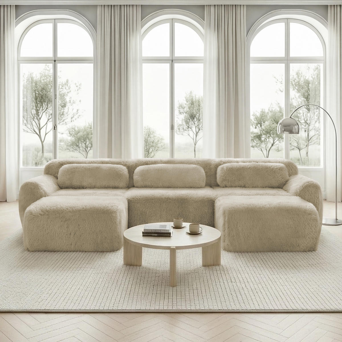 WOHNLANDSCHAFT Plüsch Hellkhaki mit Kissen - Beige, Textil (291/73/179cm) - WISHDOR