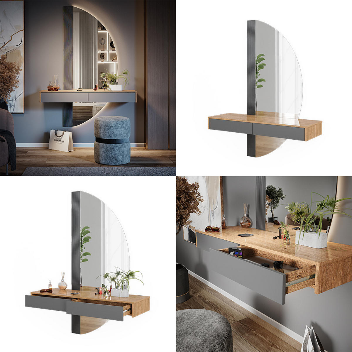 SCHMINKTISCH Melisa Grau 120 cm mit 2 Schubladen - Eichefarben/Grau, Holzwerkstoff (120/161.1/40cm) - Vicco