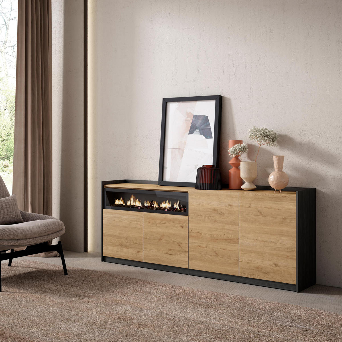 SIDEBOARD, Highboard, Eiche Schwarz, Elektrokamin, 207/37/80cm - Eichefarben, Holzwerkstoff (207/80/37cm) - Skraut Home