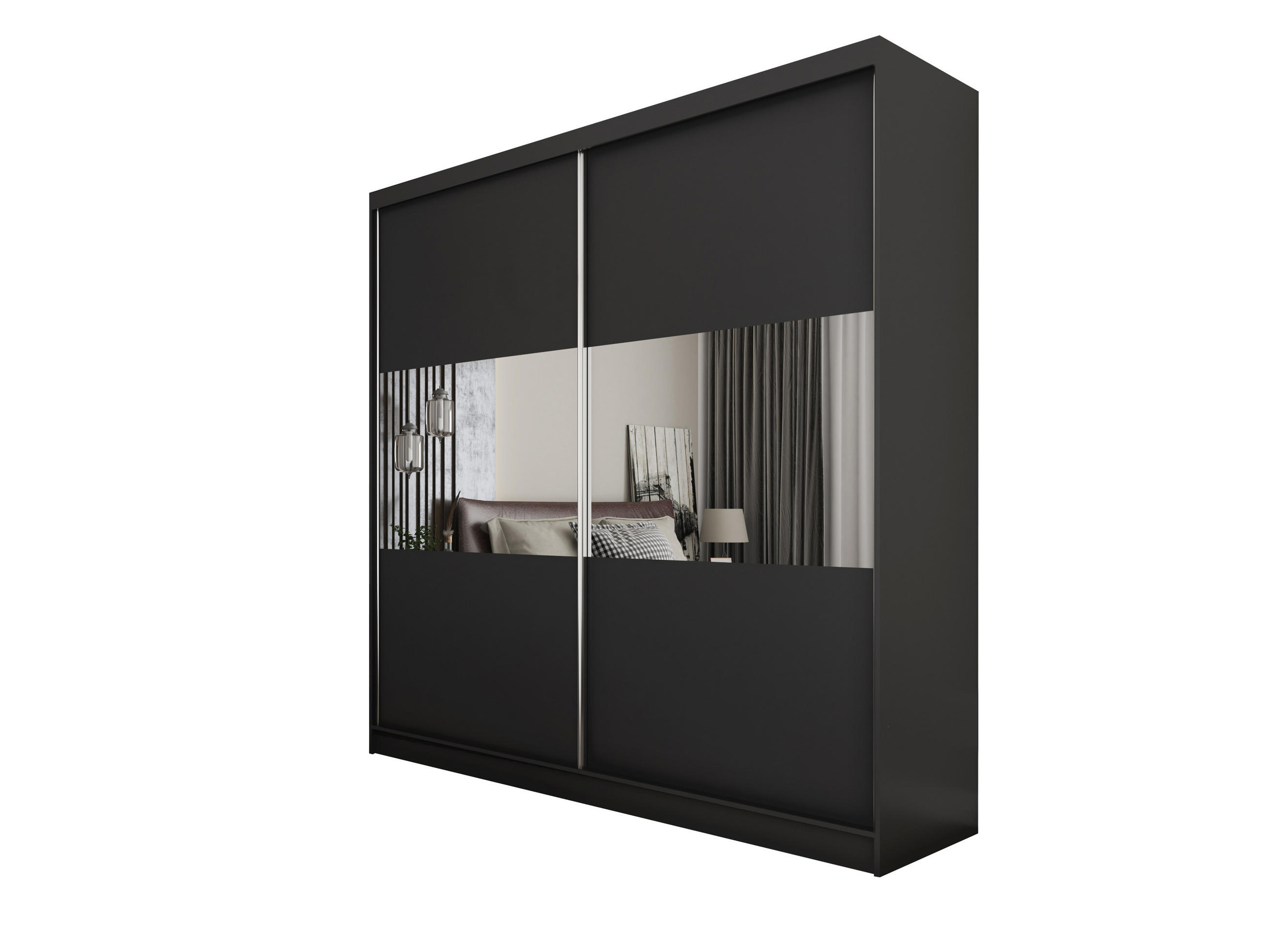 SCHWEBETÜRENSCHRANK ROSALIA 200/216/61 cm 2-türig mit Spiegel Schwarz - Schwarz, Holzwerkstoff (200/216/61cm) - MASSENO