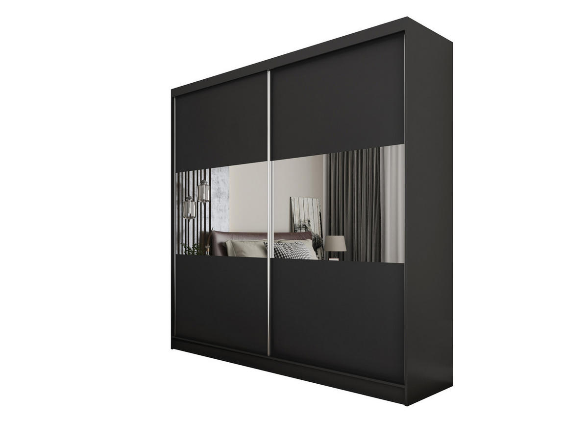 SCHWEBETÜRENSCHRANK ROSALIA 200/216/61 cm 2-türig mit Spiegel Schwarz - Schwarz, Holzwerkstoff (200/216/61cm) - MASSENO
