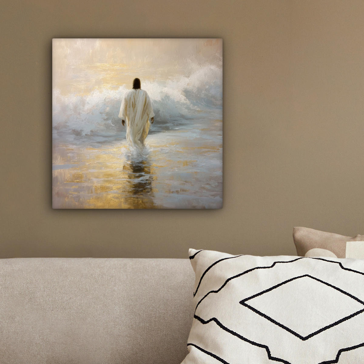 LEINWANDBILD Gemälde - Welle - Jesus - Abstrakt Deko Wohnzimmer 20x20 cm - Goldfarben, Textil (20/20cm) - MuchoWow