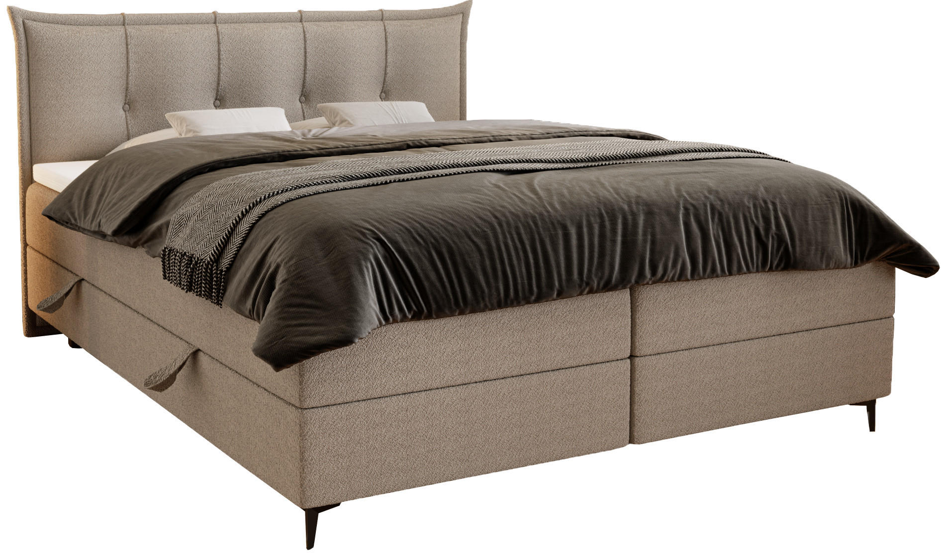 BOXSPRINGBETT Boucle 200x200 Liron mit Kissen-Kopfteil und Matratze, Hellgrau - Hellgrau, Holz/Textil (200/200cm) - Emporius